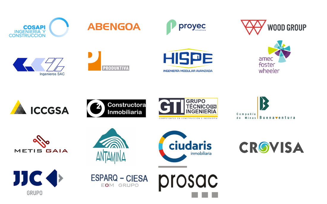 Logotipos de clientes que confían en Quality Consulting Solutions (Cosapi, Abengoa, Proyec, Wood Group, Produktiva, Hispe, Amec Foster Wheeler, ICCGSA, GTI, Buenaventura, Antamina, Ciudaris, JJC Grupo, Prosac, entre otros)